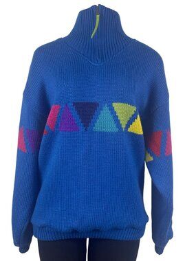 Sos Redline Vintage Unisex Blue Half-Zip Sweater With Triangle Pattern